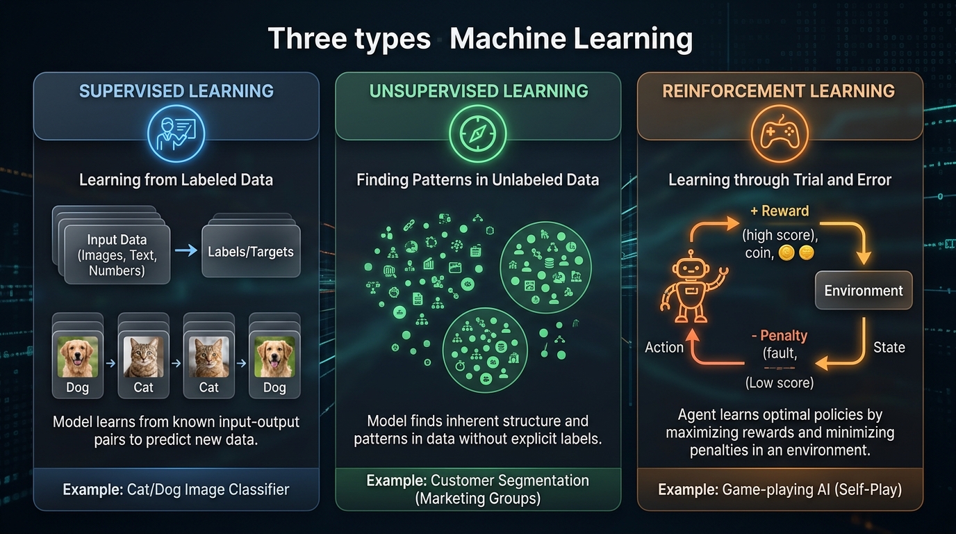 Three Types of Machine Learning โ Supervised, Unsupervised, and Reinforcement Learning side by side