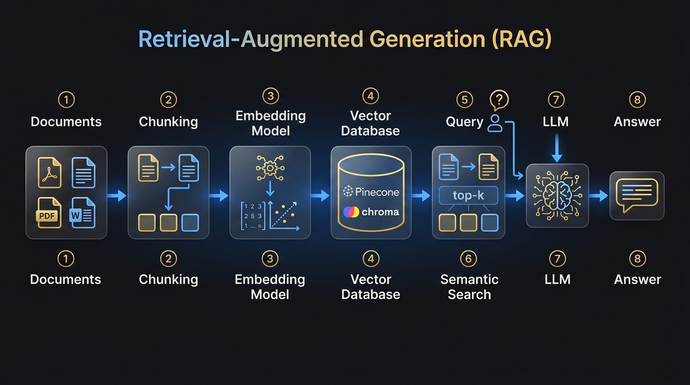 RAG Pipeline \u2014 Documents → Chunking → Embeddings → Vector DB → Semantic Search → LLM → Answer