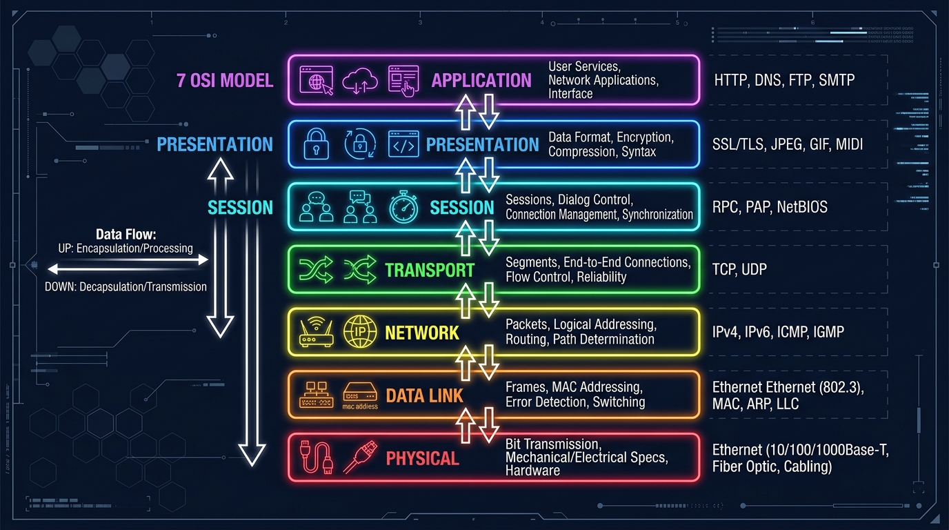 OSI 7-Layer Network Model — Protocols and Data Flow